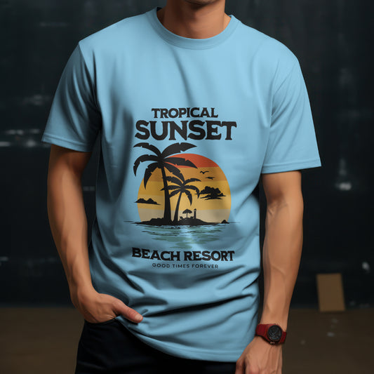 Tropical Sunset Beach Printed T Shirt